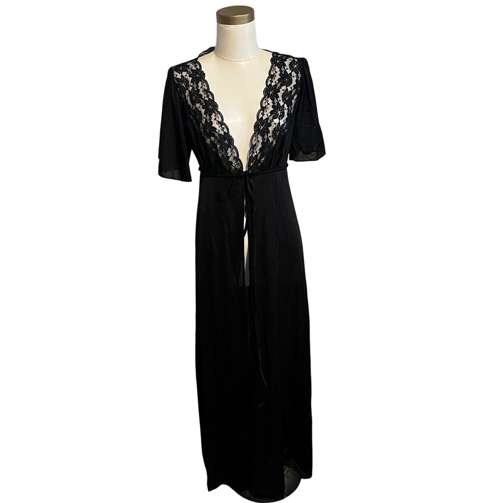 Vintage ILGWU Black Lace Long Robe Peignoir Union Made Large V-Neck Nightgown